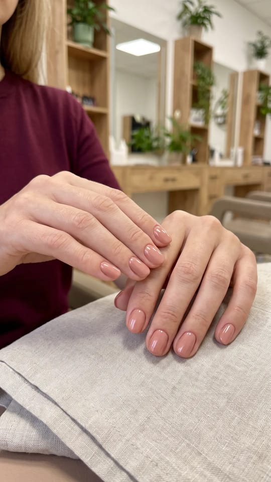 Nude rosé classique : Vernis classique nude rosé en deux couches sur ongles ovales courts, bords nets, cuticules repoussées.