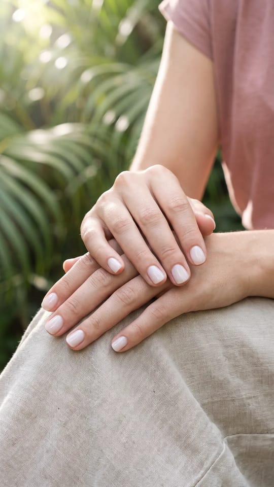 Ongles d'ange blanc laiteux : Ongles d'ange : voile blanc laiteux très transparent sur des ongles naturels courts, effet propre et lumineux.