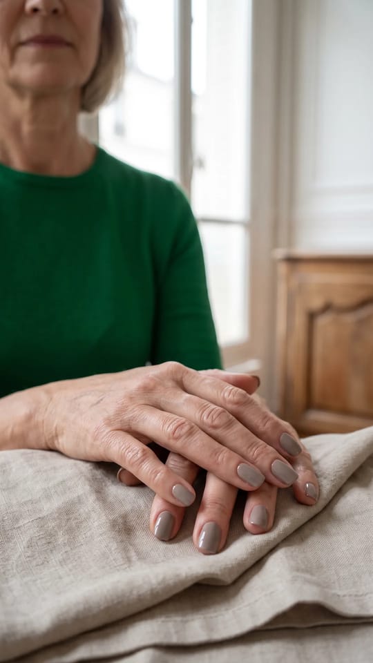 Taupe élégant : Vernis taupe gris-beige, deux couches sur ongles courts en carré arrondi, brillant.