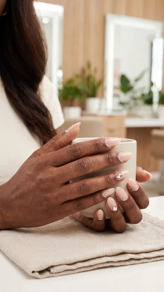 Cristaux sur nude laiteux : Ongles mi-longs en amande, nude laiteux brillant avec une fine ligne de petits cristaux transparents le long de la cuticule et un cristal plus grand sur deux ongles, rien d'autre.