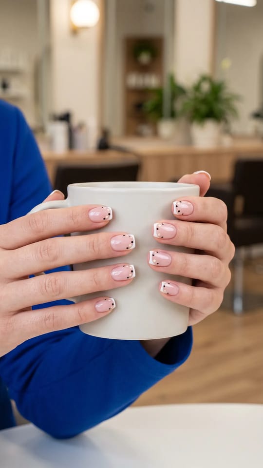 French à pois : Ongles courts en carré arrondi, nude rosé translucide, french fine blanche et petits pois noirs ou crème posés autour de la pointe.