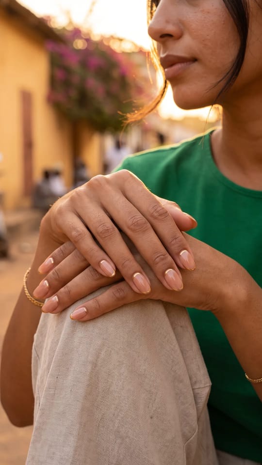 French inversée dorée : Ongles courts en amande, nude chaud avec une fine demi-lune dorée à la base de l'ongle (french inversée) et un liseré doré très fin sur le bord libre.
