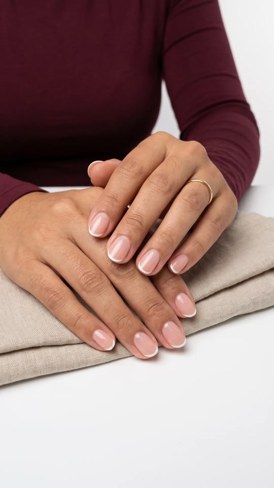 Micro-french ultra fine : Ongles courts en amande douce, base nude rosé translucide très brillante, avec un trait de french blanc nacré d'à peine 1 mm le long du bord libre. Aucun autre décor.