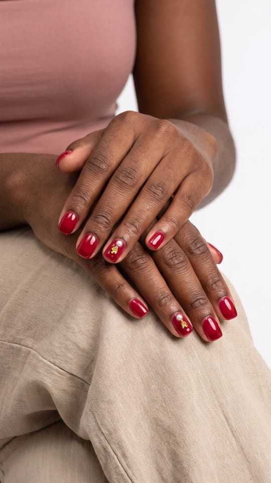 Jelly cerise et mini-charms : Ongles courts en carré arrondi, rouge cerise translucide façon bonbon gélifié, brillance extrême, avec un petit charm doré et une perle 3D sur un ou deux doigts.