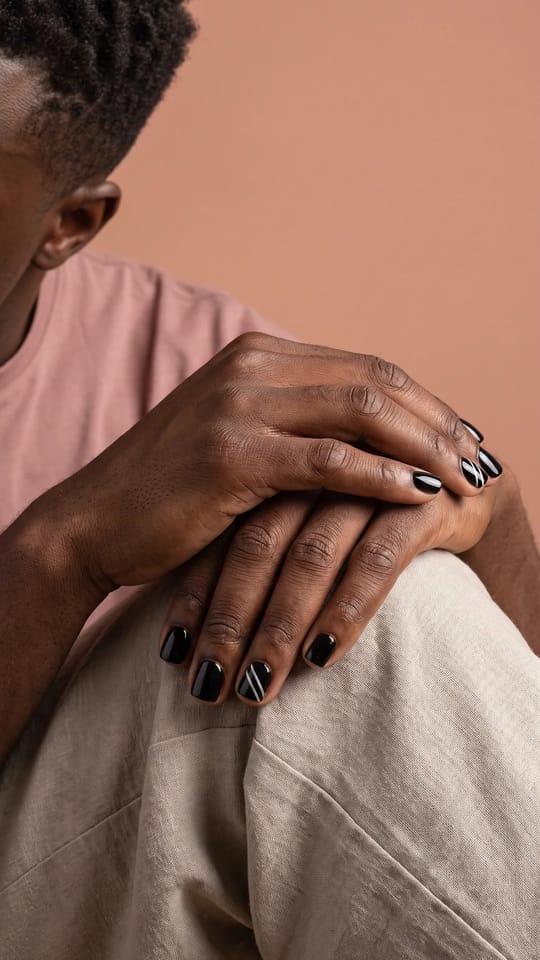 Noir brillant et lignes argent : Ongles courts carrés, noir très brillant avec une ou deux fines lignes argentées graphiques qui traversent l'ongle en diagonale, sur quelques doigts.
