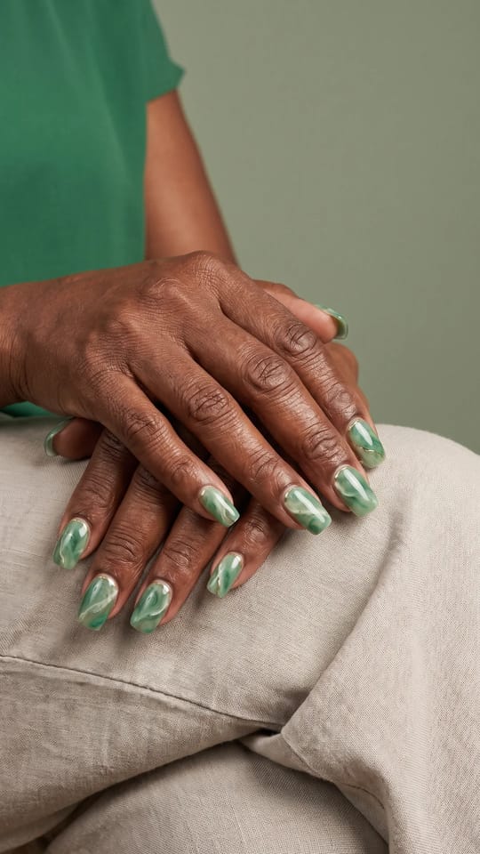 Marbré jade : Ongles mi-longs en carré arrondi, effet marbre vert jade veiné de blanc crème et de fins filets dorés, très brillant comme une pierre polie.