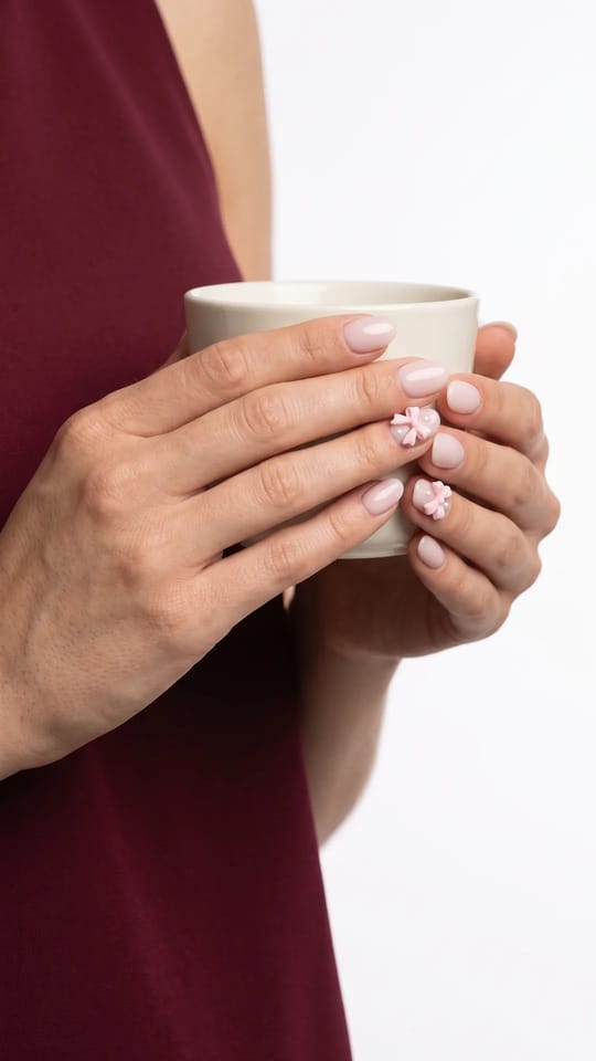 Petits nœuds coquette : Ongles courts ovales, rose poudré laiteux avec un minuscule nœud en relief rose pâle ou blanc sur un ou deux ongles et quelques perles discrètes.
