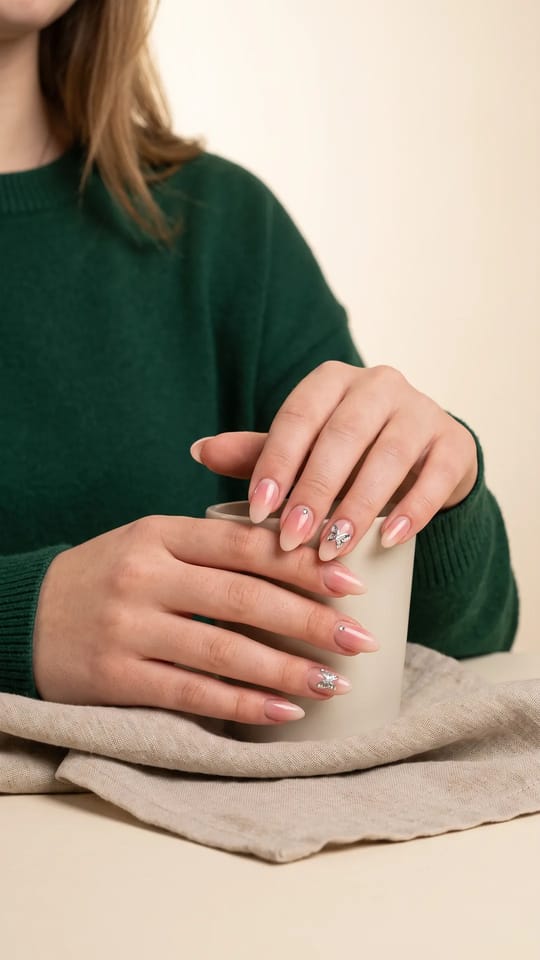 Papillons Y2K : Ongles mi-longs en amande, dégradé aérographe rose bonbon sur nude, avec de petits papillons chromés argentés et quelques strass sur deux ou trois ongles.