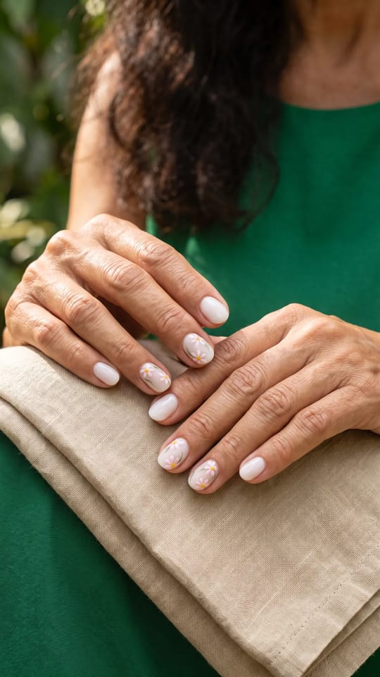 Petites fleurs peintes : Ongles courts ovales, base blanc laiteux avec de petites fleurs peintes à la main (marguerites, pétales rose pâle, cœurs jaunes) sur trois ou quatre ongles, les autres unis.