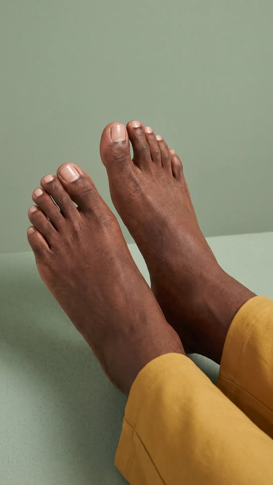 Pédicure homme nette : Pieds d'homme soignés : ongles de pieds courts et droits, polis naturellement sans vernis, peau lisse et talons doux.