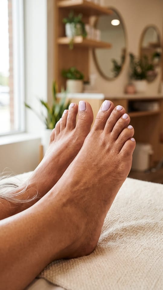Pieds doux, lilas pâle : Pieds doux et hydratés, ongles de pieds ovales courts avec un vernis lilas pâle, talons lisses, un soin complet.