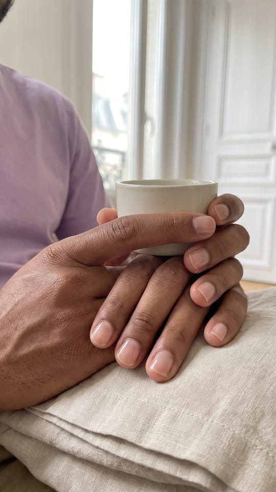Remplissage gel naturel homme : Remplissage d'un gel transparent sur ongles courts d'homme : surface lisse, repousse comblée, aspect naturel et solide.