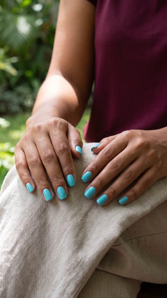 Bleu piscine lumineux : Bleu piscine turquoise vif et frais, deux couches sur ongles courts en carré arrondi, très brillant.