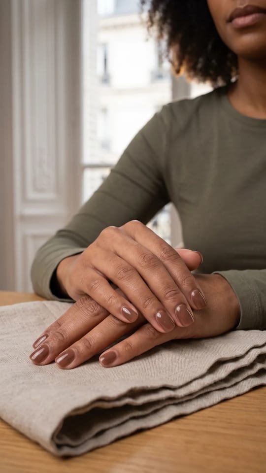 Brun chocolat au lait : Brun chocolat au lait crémeux, légèrement translucide, deux couches sur ongles courts en carré arrondi, brillant.