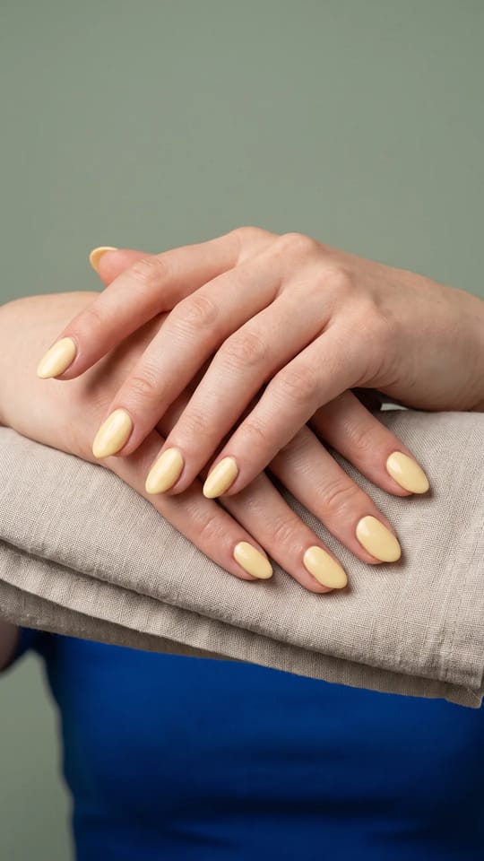 Jaune beurre : Jaune beurre doux et crémeux, deux couches sur ongles courts en amande, brillant.