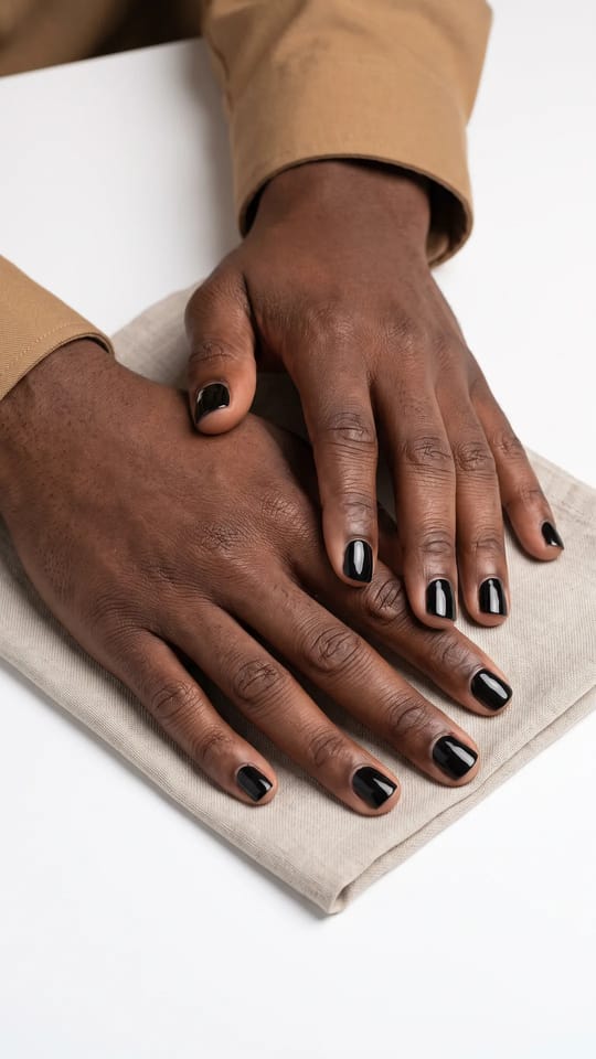 Noir brillant, ongles courts : Noir très brillant, deux couches sur des ongles courts et carrés, bords parfaitement nets, manucure d'homme sobre.
