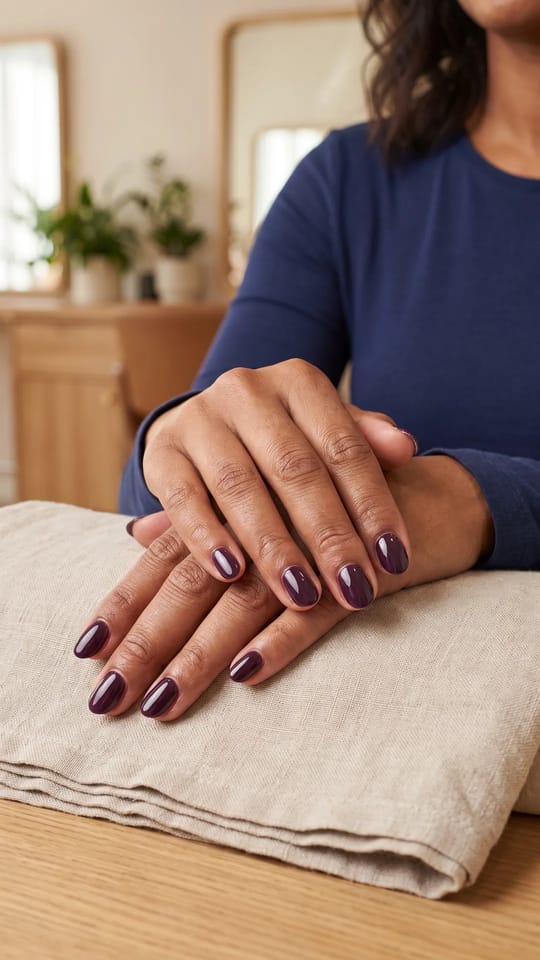 Prune aubergine profond : Prune aubergine profond, riche et brillant, deux couches sur ongles courts en amande.