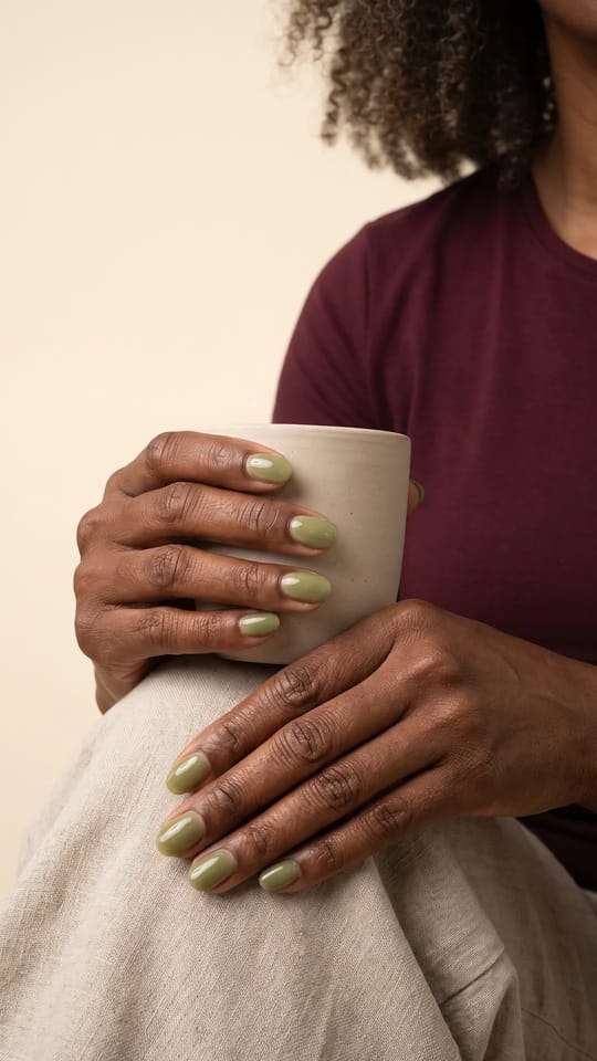 Vert olive matcha : Vert olive-matcha laiteux, légèrement translucide, deux couches sur ongles ovales courts, brillant.