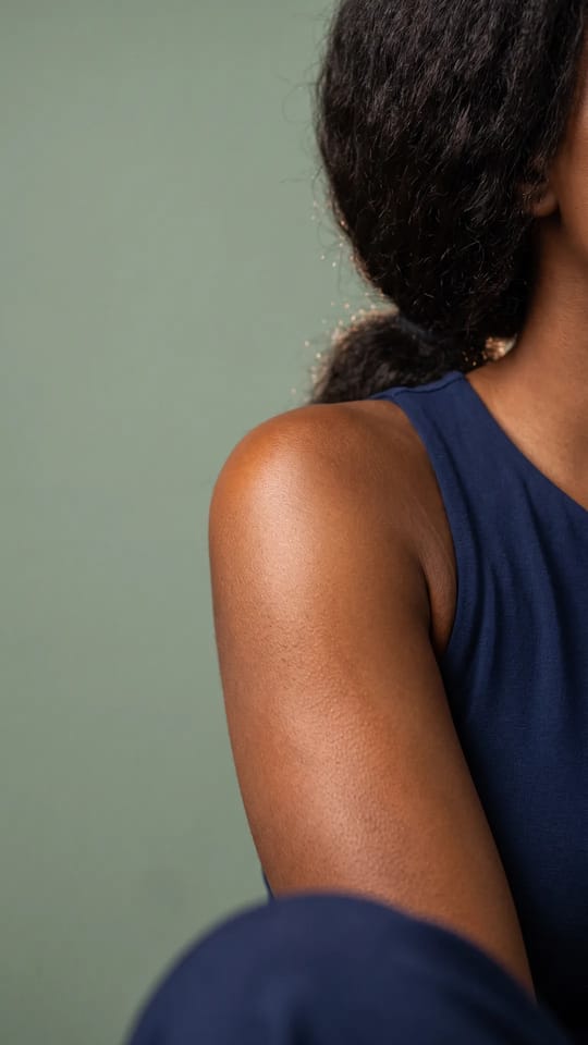 Bronzage ambré cuivré : Hâle chaud ambré aux reflets cuivrés sur les bras et les épaules, peau moyenne à foncée, éclat chaud et riche.