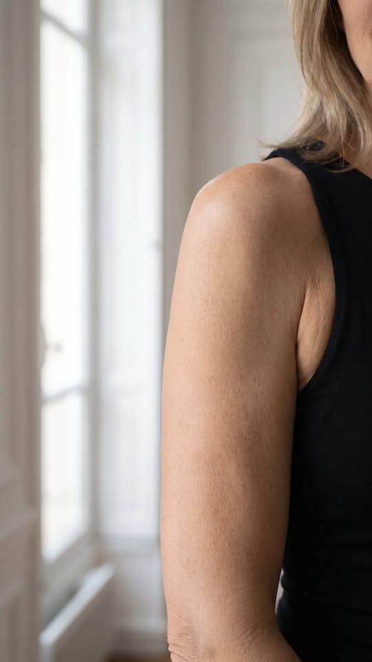 Hâle lumineux après 50 ans : Peau mature au hâle doré doux, bras et épaules uniformes, effet bonne mine naturel plutôt qu'un brun marqué.