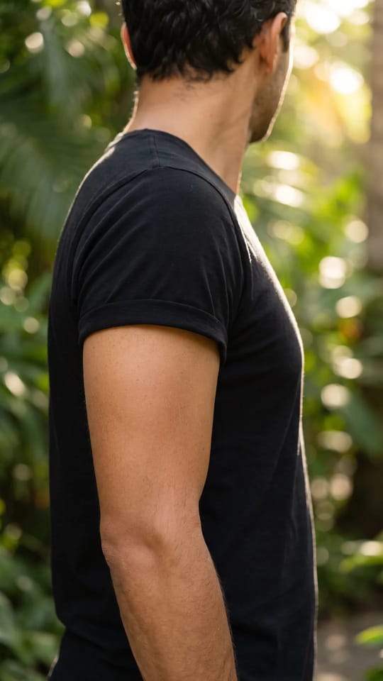 Hâle naturel pour homme : Avant-bras et épaules d'homme au hâle doré et naturel, uniforme jusqu'à la manche du t-shirt, peau saine.