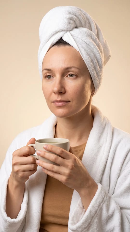 Enveloppement aux algues : Femme détendue en peignoir avec une serviette sur les cheveux après un enveloppement aux algues, peau douce, regard reposé.