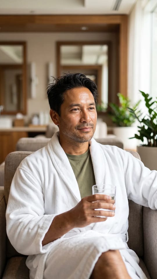 Enveloppement détente homme : Homme en peignoir dans un salon calme, épaules relâchées et peau reposée après un enveloppement chaud, expression sereine.