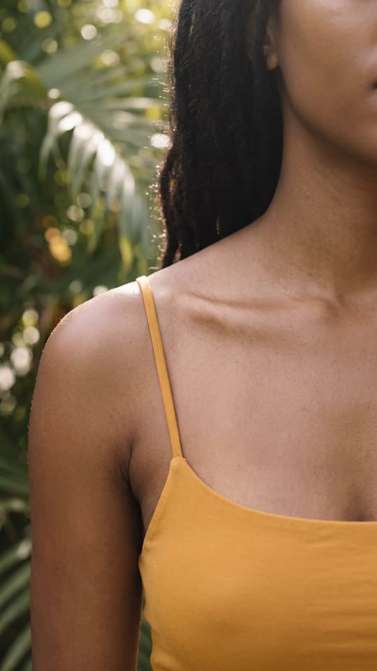 Bras et épaules lisses : Bras, épaules et clavicules lisses et lumineux chez une femme de 61 ans, peau bien soignée, débardeur à fines bretelles.