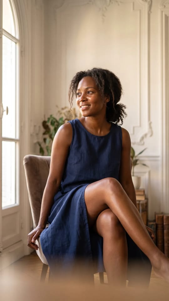Jambes d'été, peau sans souci : Femme à l'aise en robe d'été près d'une grande fenêtre ensoleillée, jambes lisses et lumineuses, le résultat d'une épilation bien réussie.