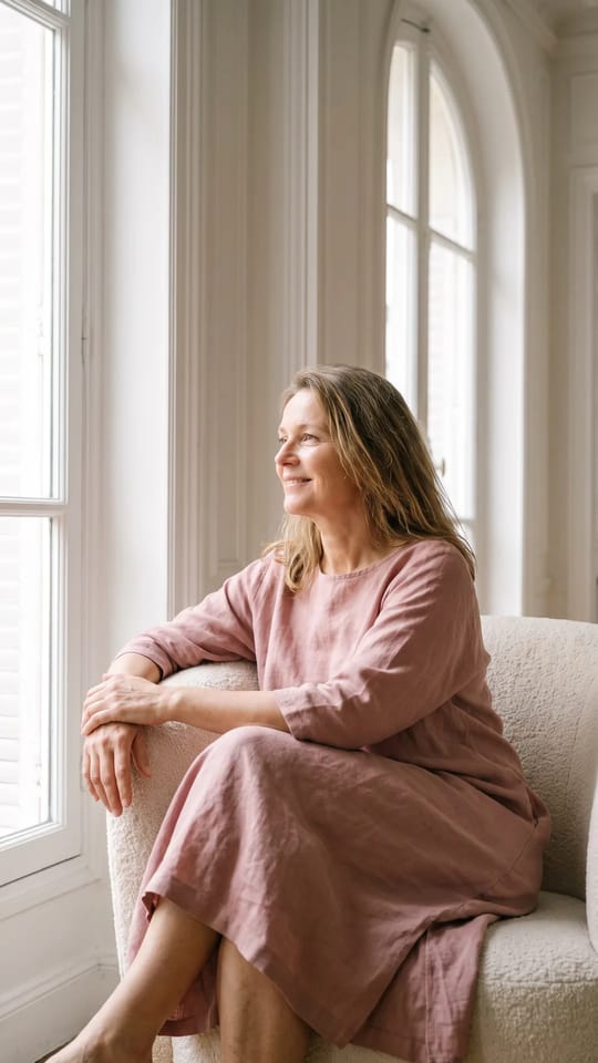 La tranquillité d'une peau lisse : Femme de 52 ans à l'aise en robe d'été près d'une grande fenêtre, bras et jambes lisses, confiante : plus de rasoir à emporter en vacances.