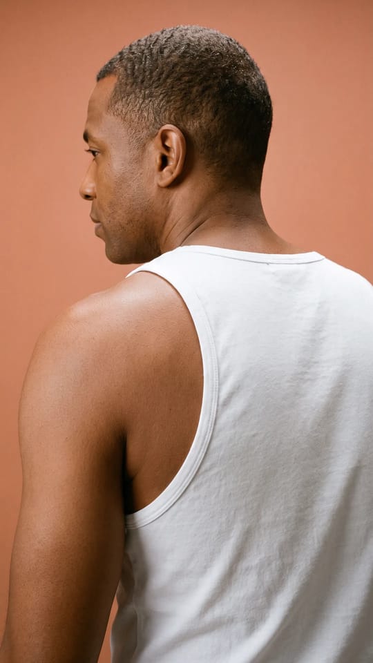 Épaules d'homme lissées : Épaules et haut du dos d'homme au grain de peau lissé après gommage : fini mat, pores nets, sans zones sèches ni peaux mortes.