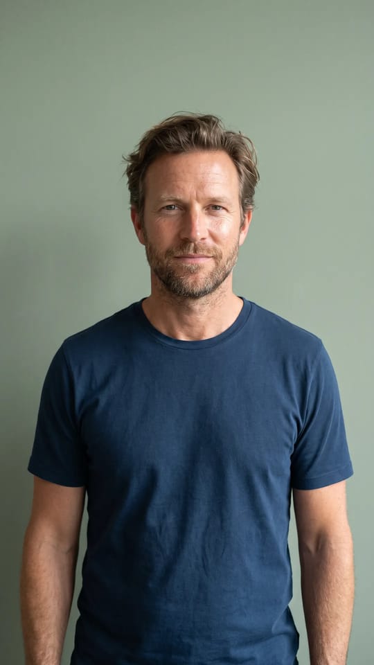 Silhouette d'homme affinée : Homme de 45 ans à la silhouette tonique dans une chemise ajustée, ventre plat et posture droite, résultat d'une cure de soins du corps.