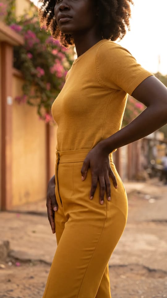 Silhouette tonique et fluide : Taille et hanches harmonieuses sous un pantalon taille haute et un haut ajusté, posture droite et assurée, silhouette naturelle.
