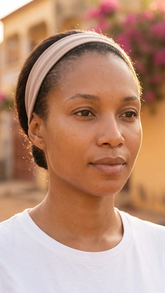 Peau métissée nette, grain fin : La peau dorée après un nettoyage de peau : teint net et régulier, grain fin et lisse, pores petits, un éclat discret et sain, sans maquillage.