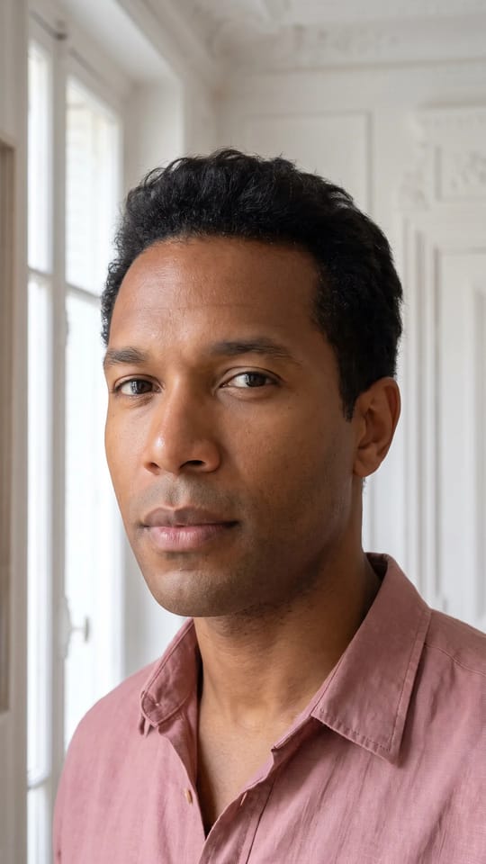 Homme : peau lisse, teint clair : La peau d'un homme après un peeling doux : lisse, plus lumineuse, au grain affiné et au teint régulier, sans rougeur ni squame, rasé de près.