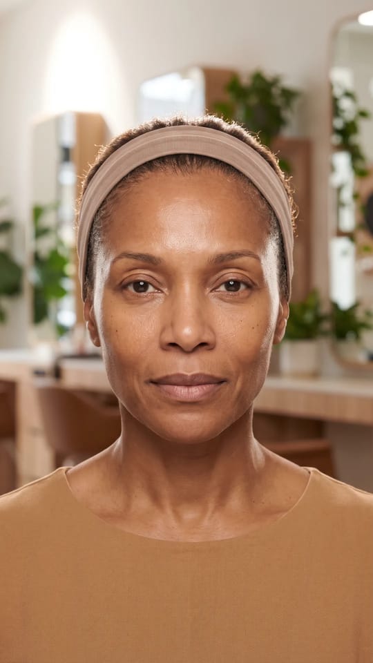 Contour du visage redessiné : Le visage après un soin liftant sans chirurgie : mâchoire et pommettes plus nettes, ovale redessiné et remonté, peau tendue et lumineuse, expression naturelle.