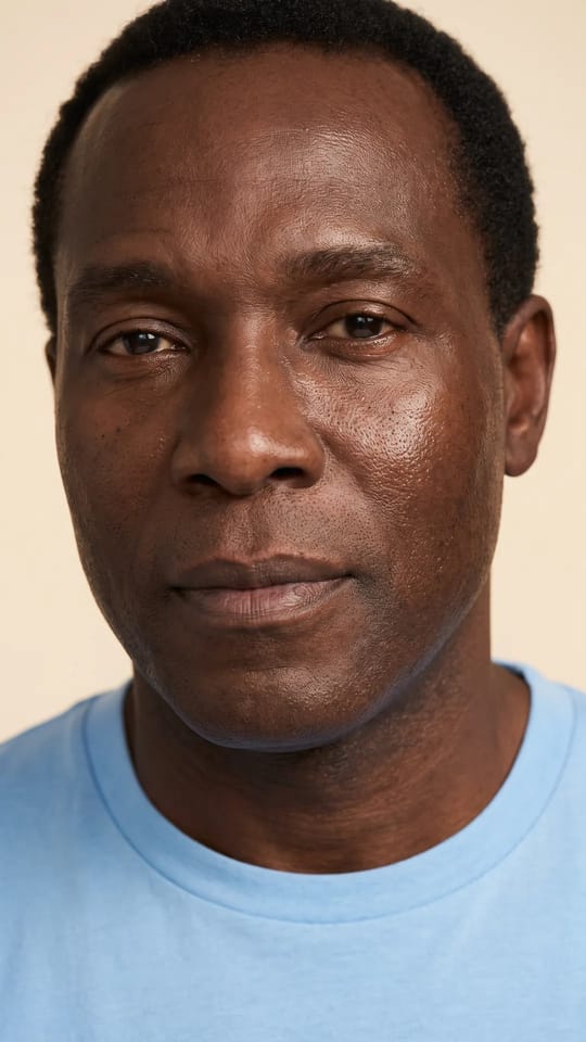 Homme : peau noire éclatante : La peau foncée d'un homme de soixante ans après un soin anti-âge : teint régulier, souple et rayonnant, rides adoucies, éclat sain sur les pommettes, rasé de près.
