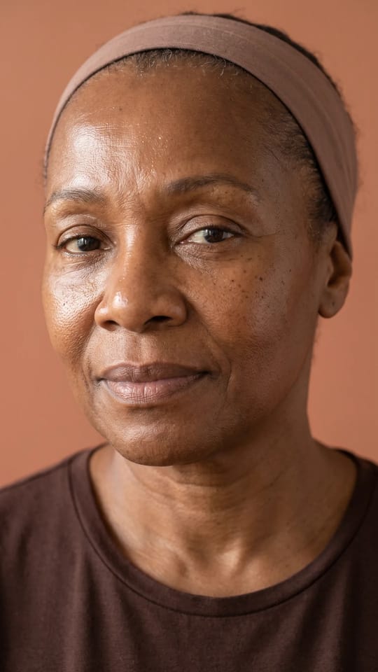 Peau repulpée, lumineuse à 68 ans : La peau de 68 ans après un soin régénérant : repulpée, souple et lumineuse, ridules adoucies, teint régulier, un éclat sain, les rides d'expression gardées.