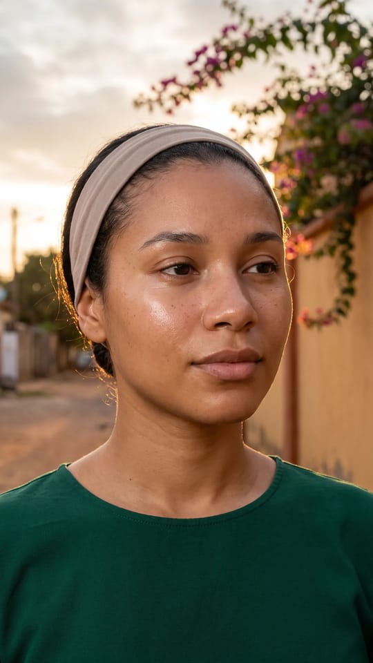 Éclat naturel, peau métissée : La peau dorée après un soin hydratant éclat : un glow sain et régulier, souple et lisse, quelques taches de rousseur visibles et des pommettes légèrement rosées de lumière.