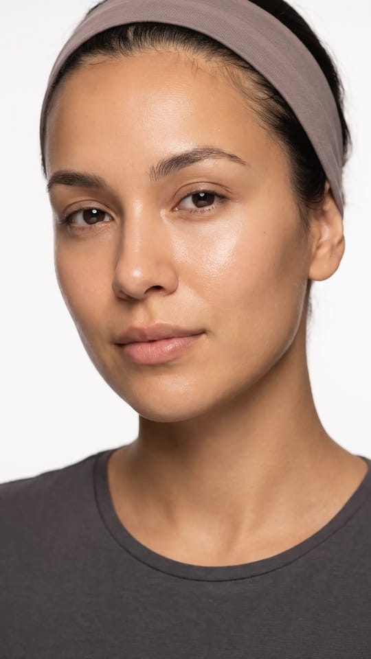 Glass skin hydratée : La peau après un soin hydratant glass skin : lisse, repulpée, un éclat humide et régulier sur les pommettes, aucun maquillage.